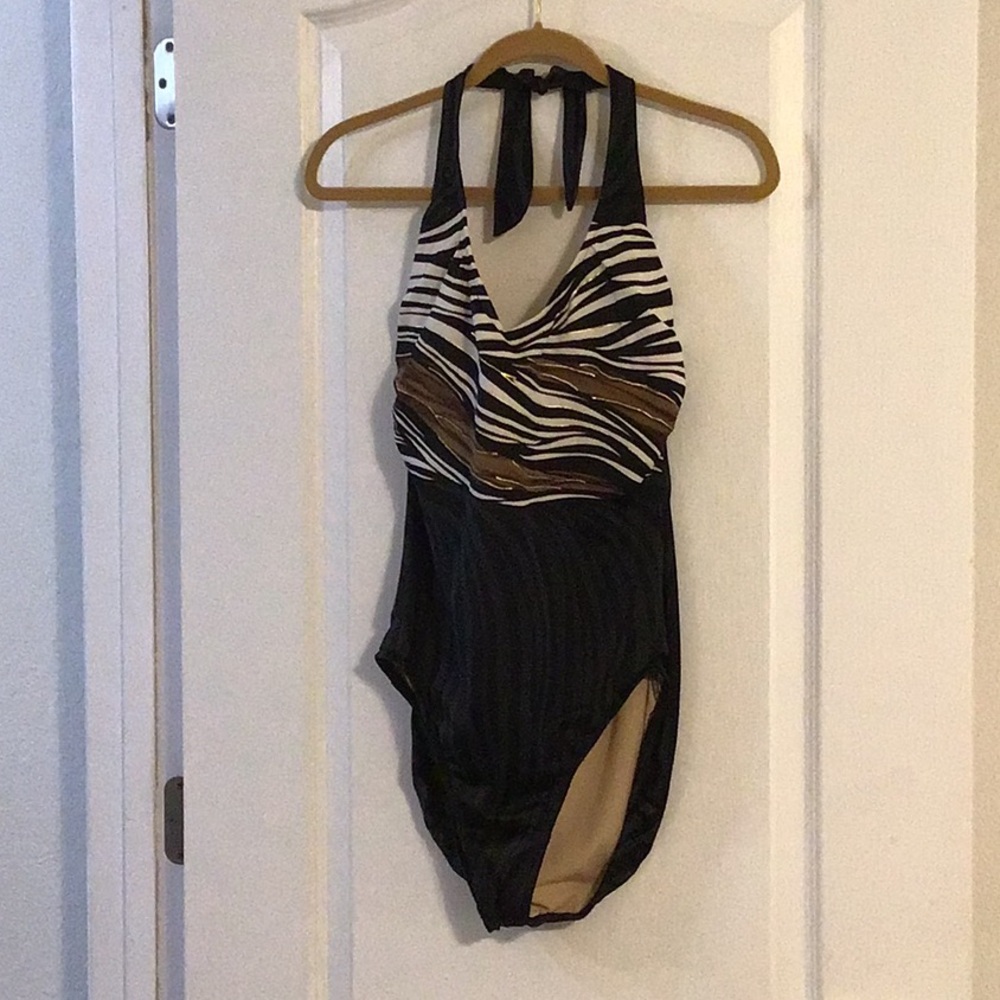 Carol Wior Zebra Print Halter Swimsuit Size 16